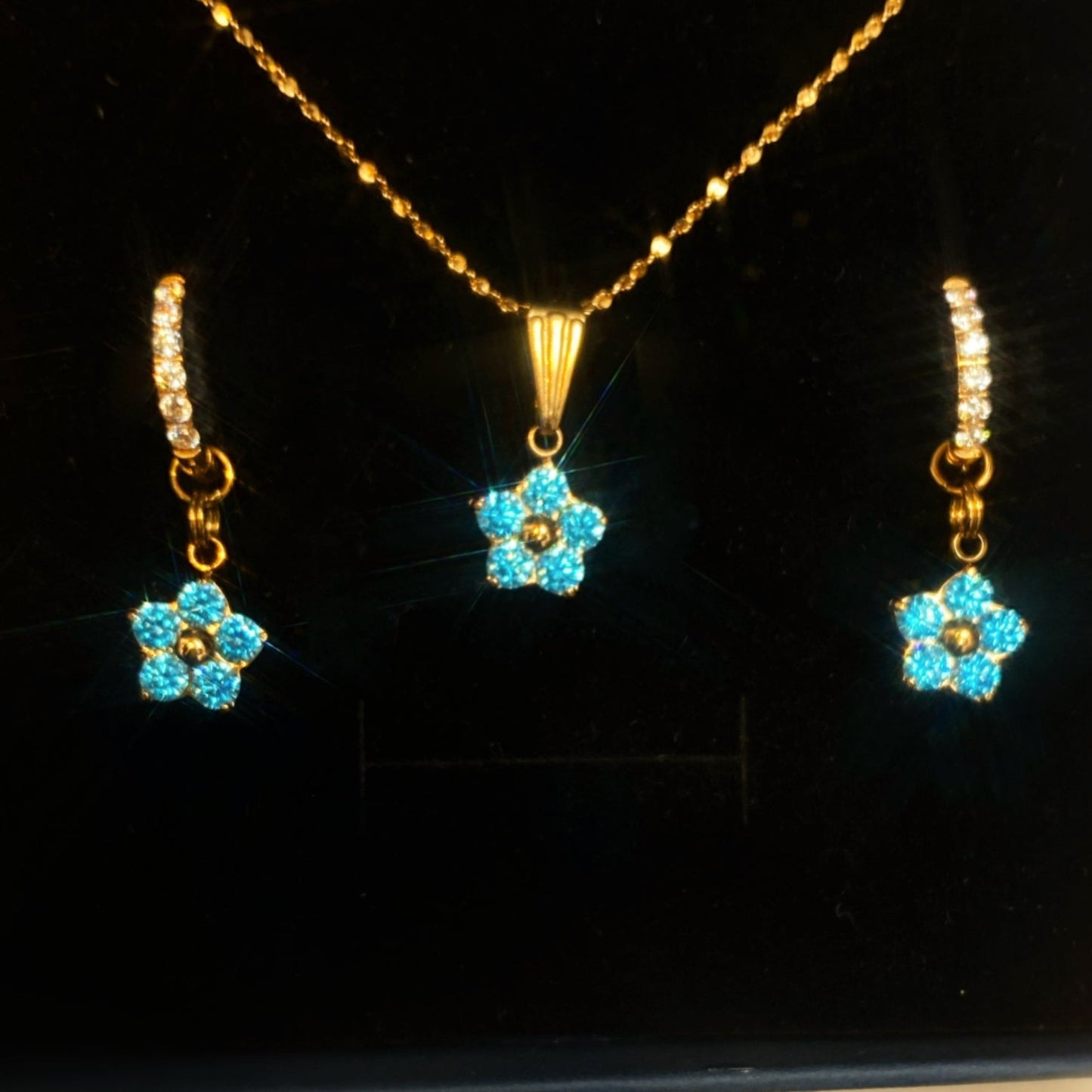 Celeste Flower Sparkle Jewelry Set – Mid Blue 5A Zircon Stainless Steel Flower Necklace and Earrings | Handmade | Gift for Her