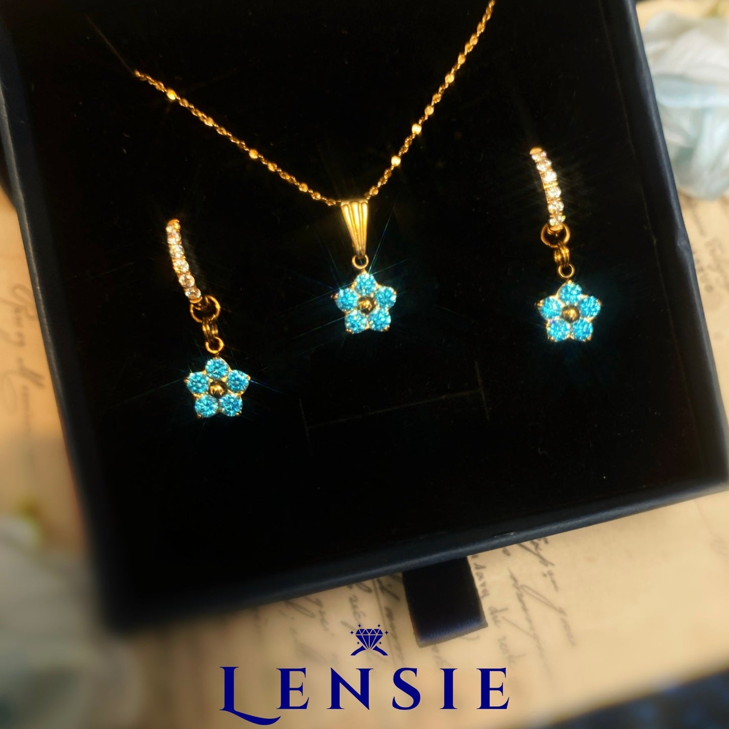 Celeste Flower Sparkle Jewelry Set – Mid Blue 5A Zircon Stainless Steel Flower Necklace and Earrings | Handmade | Gift for Her