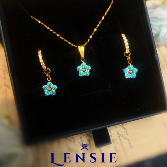 Celeste Flower Sparkle Jewelry Set – Mid Blue 5A Zircon Stainless Steel Flower Necklace and Earrings | Handmade | Gift for Her