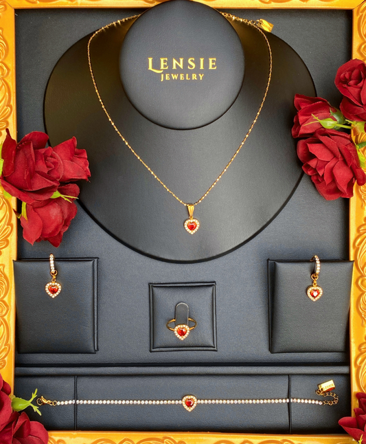 Garnet Birthstone Sparkle Jewelry Set – January Red 5A Zircon Stainless Steel Necklace, Earrings, Bracelet and Ring | Handmade | Gift for Her