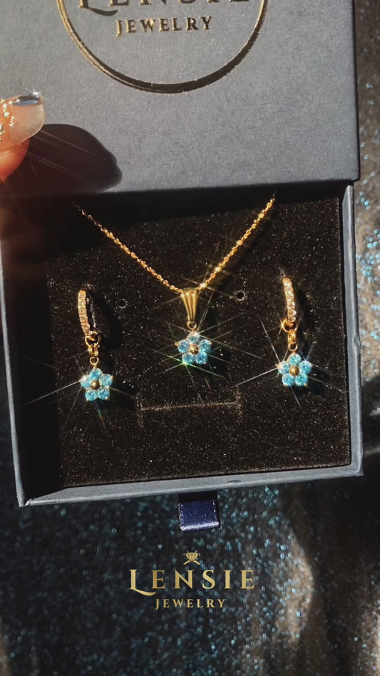 Celeste Flower Sparkle Jewelry Set – Mid Blue 5A Zircon Stainless Steel Flower Necklace and Earrings | Handmade | Gift for Her